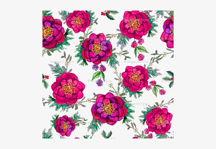 Poinsettia With Holly, Mistletoe And Beauty Berry Fabric - Mistletoe, transparent png download