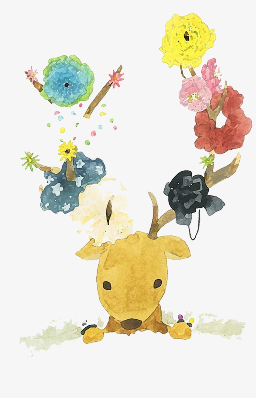Deer Watercolour Flowers Watercolor Painting - Watercolor Deer Cartoon Png, transparent png download