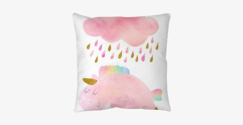 Watercolor Unicorn And Cloud With Rain Throw Pillow - Watercolor Painting, transparent png download