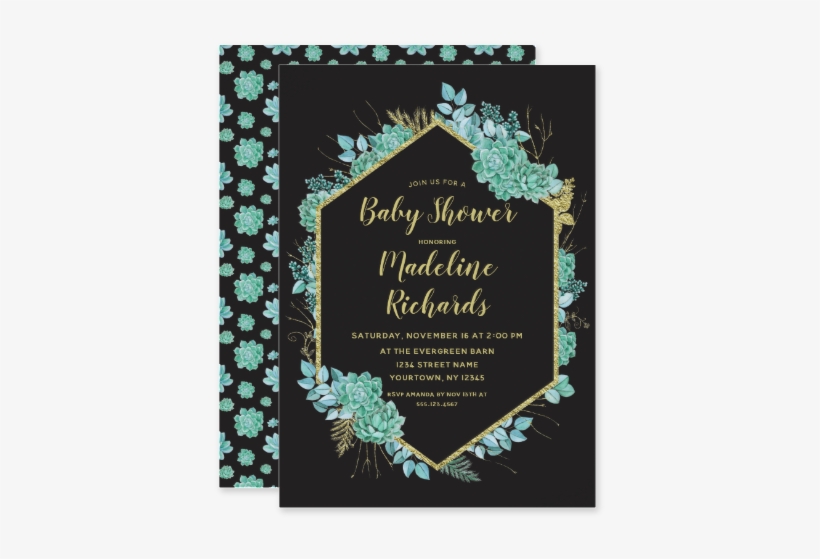 Aqua Teal Watercolor Succulents Gold Foil Frame & Black - Wedding Invitation, transparent png download