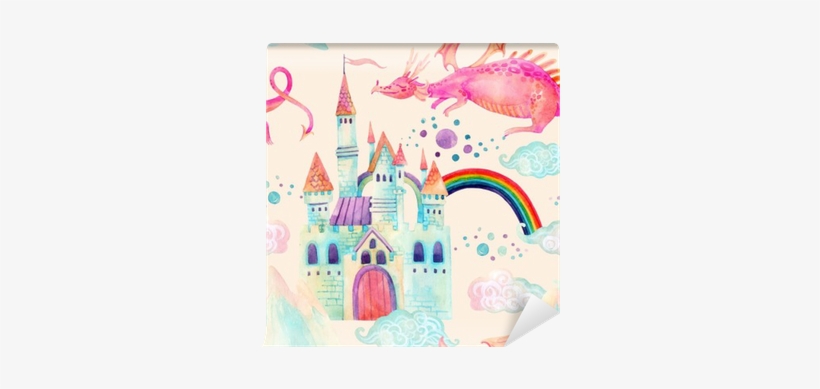 Watercolor Fairy Tale Seamless Pattern With Cute Dragon, - Fairy Watercolor, transparent png download