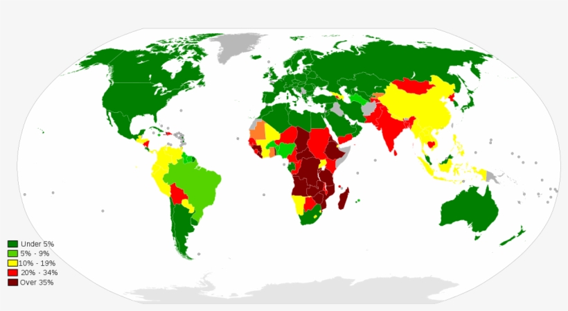 Percentage Population Undernourished World Map - Countries In The World That Drive, transparent png download
