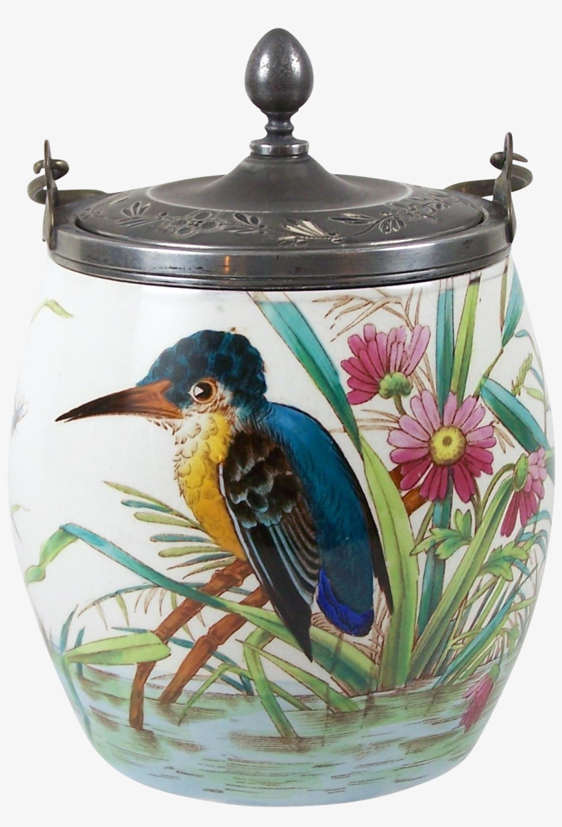 Antique Biscuit Jar Cracker Barrel Kingfisher Bird - Porcelain, transparent png download
