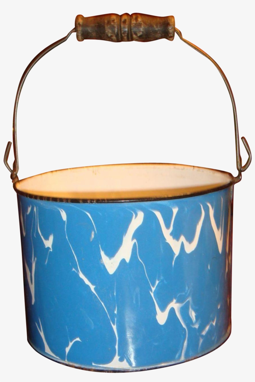 Large Blue White Swirl Graniteware Bucket Wooden Bale - Bail Handle, transparent png download