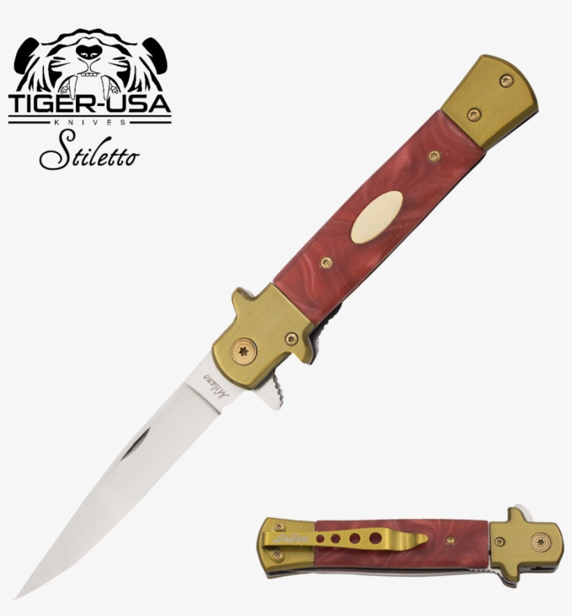 9" Tiger Red Swirl Italian Milano Stiletto Tactical - Knife, transparent png download