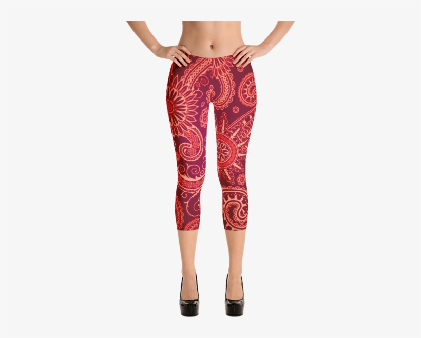 Paisley Swirl Rust Red Capri Leggings - Double Hooded Pied French Bulldog Puppy Leggings, transparent png download