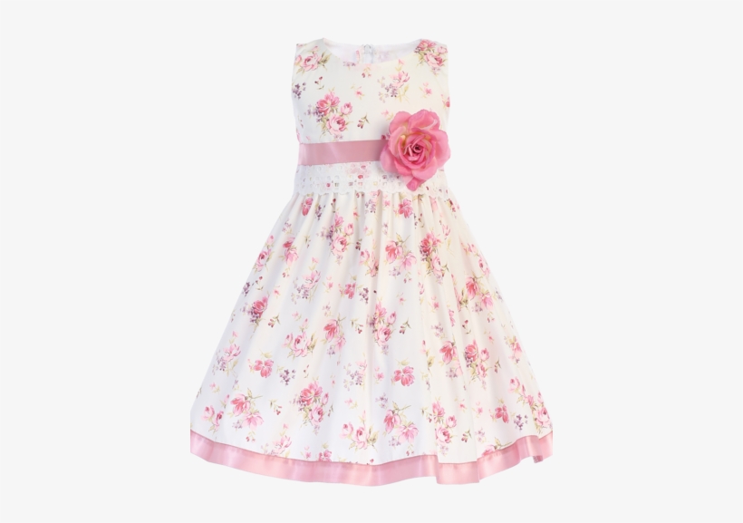 Off White & Pink Floral Print Cotton Girls Dress W - Dress, transparent png download
