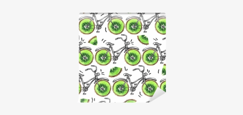 Watercolor Seamless Pattern Bicycles With Kiwi Wheels - Bicycle, transparent png download