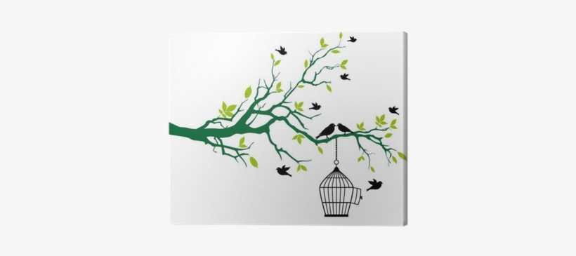 Spring Tree With Birdcage And Kissing Birds Canvas - Branches With Leaves Drawing, transparent png download