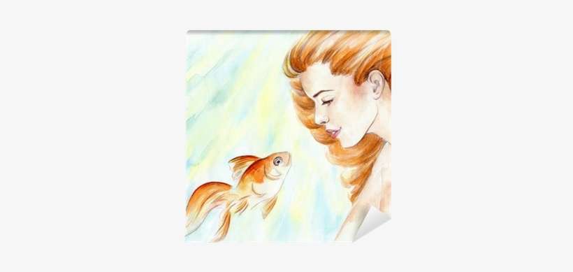Beautiful Girl With Red Hair And Goldfish In Water - Canvas Print, transparent png download