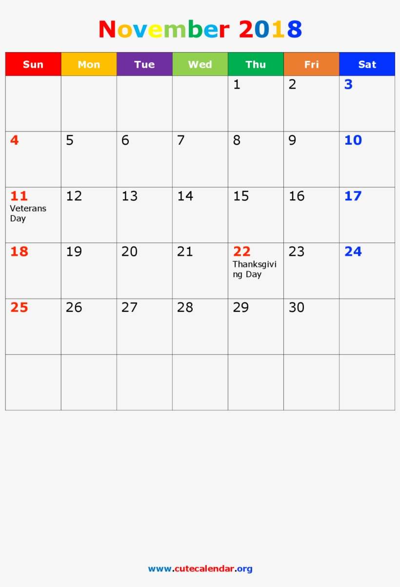 Cute November 2018 Calendar Holidays Portrait November - Number, transparent png download