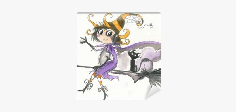 Halloween Witch On Broomstick Watercolor Wall Mural - Broom, transparent png download