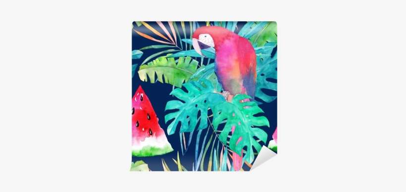 Summer Pattern With Watercolor Parrot, Palm Leaves - Arbuz Tapeta Akwarela, transparent png download