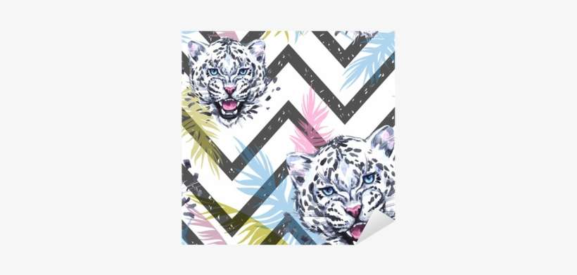 Leopards With Colorful Tropical Leaves On Geometric - Watercolor Painting, transparent png download