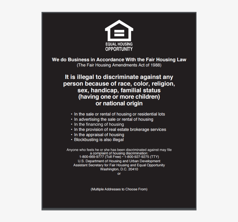 Acrylic Compliance Sign, Equal Housing Opportunity - Fdic, transparent png download