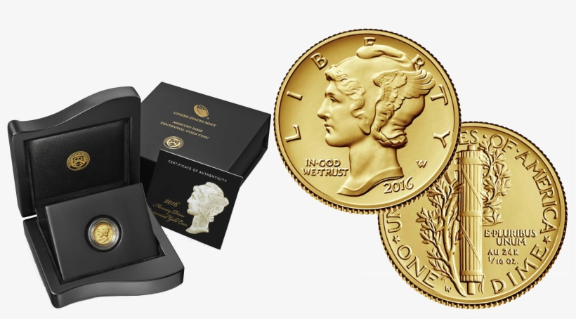 2016-w Gold Mercury Dime Centennial - 2016 Mercury Dime Centennial Gold Coin 24k Gold, transparent png download