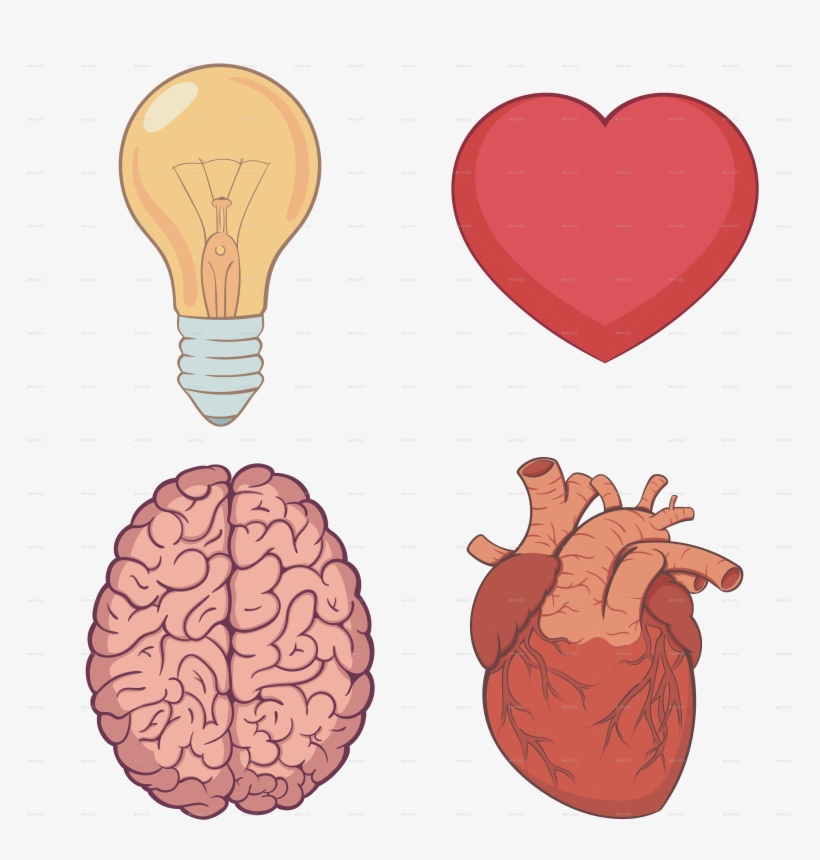 Heart Brain Bulb Cartoon Set - Brain And Heart Transparent, transparent png download