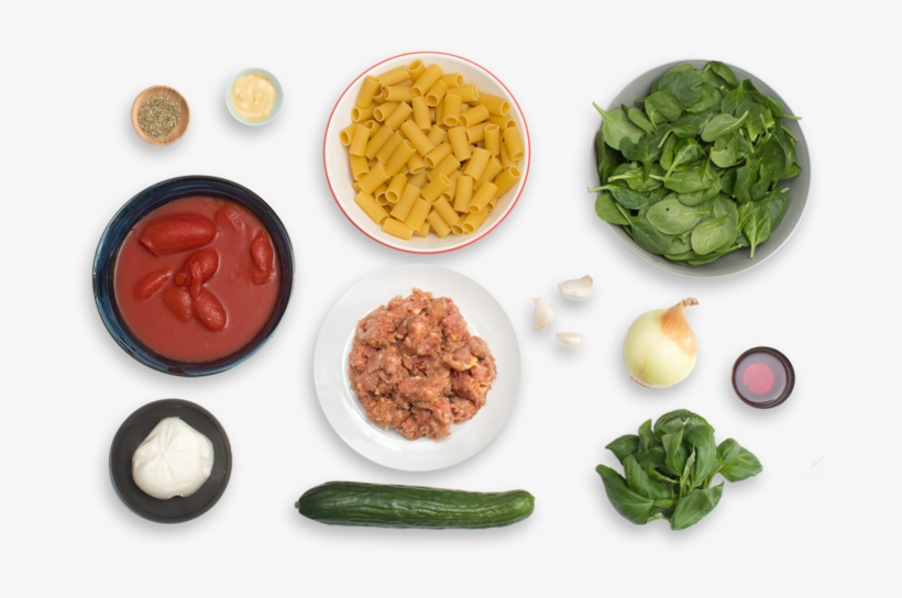 Baked Sausage, Mozzarella & Rigatoni Pasta With Spinach - Food Png Top View, transparent png download