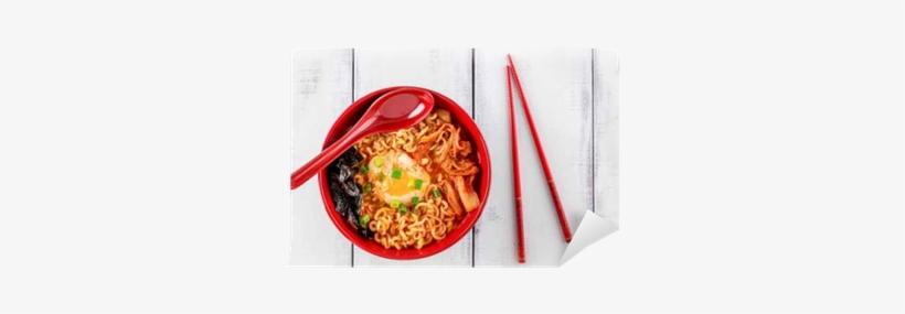 Korean Ramen With Kimchi On White Wood Wall Mural • - Ramyeon Korea, transparent png download