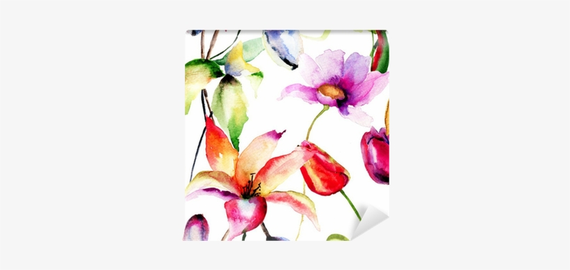 Watercolor Painting Of Tulips And Lily Flowers Wall - Flowers Tulips Painting, transparent png download