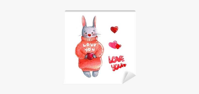 Watercolor Bunny In Sweater With Pink Heart Isolated - Heart, transparent png download