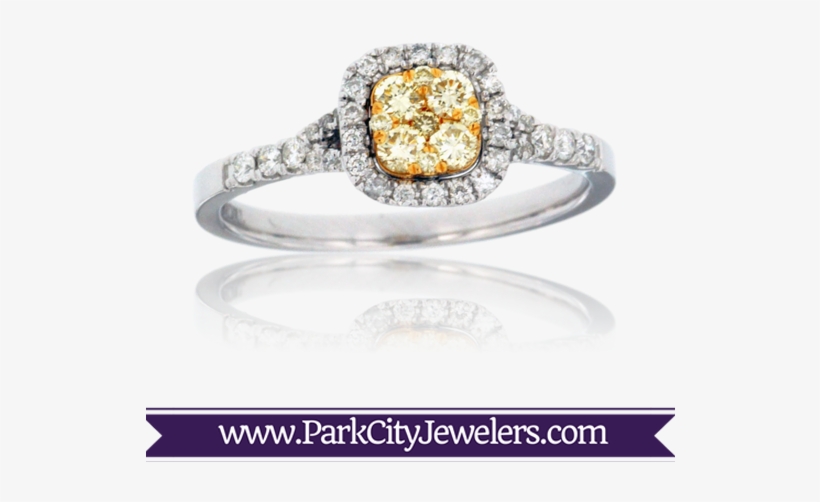 Yellow Diamond Cluster & Diamond Halo Engagement Ring - Mountain And Forest Scene Band, transparent png download