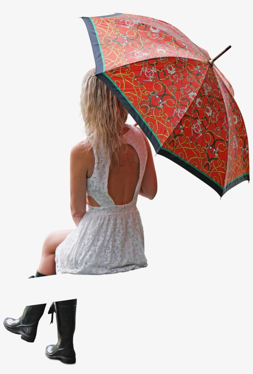 Woman In Dress Sitting With Colourfull Umbrella By - People Sitting Umbrella Png, transparent png download