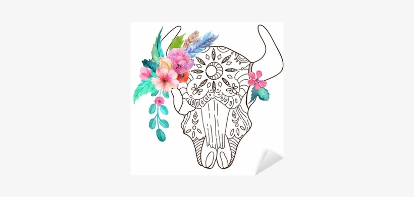 Doodle Bull Skull With Watercolor Flowers And Feathers - Bison Buffalo Indian Aztec Head With Colorful Flowers, transparent png download