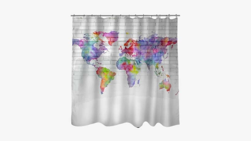Watercolor World Map On A Brick Wall Shower Curtain - Watercolor Painting, transparent png download