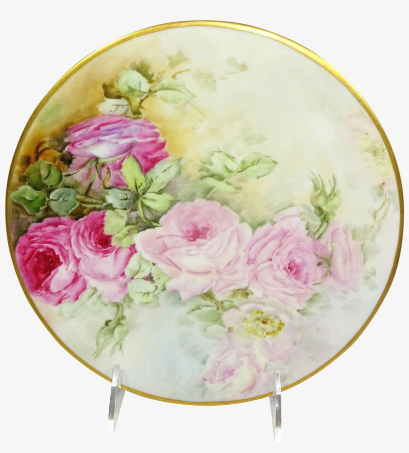 Antique French Limoges Plate Hand Painted Pink Roses - Limoges, transparent png download