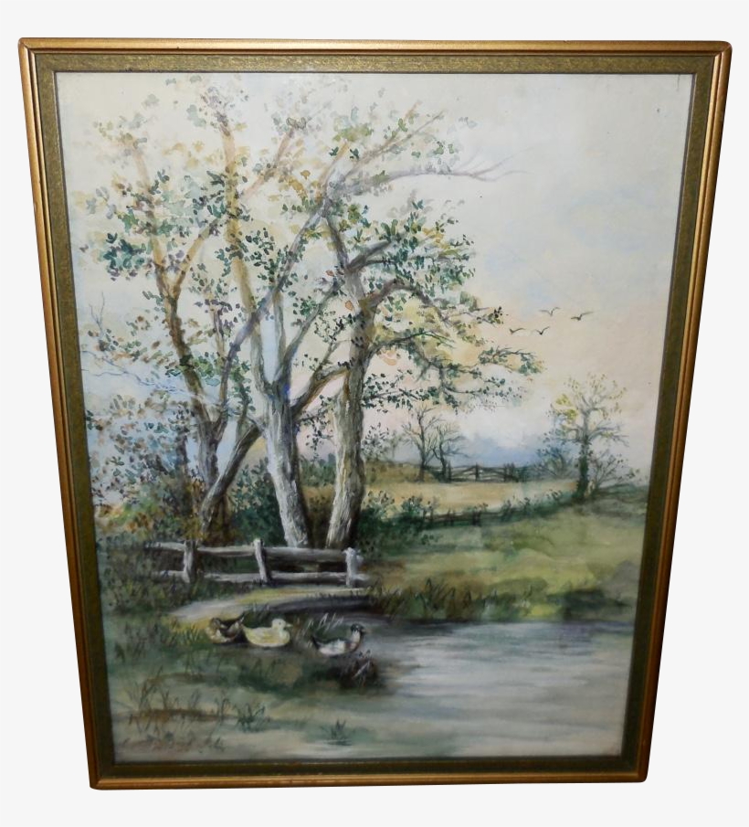Folk Art Watercolor Scene Of Ducks In Pond Dated 1920s - Picture Frame, transparent png download
