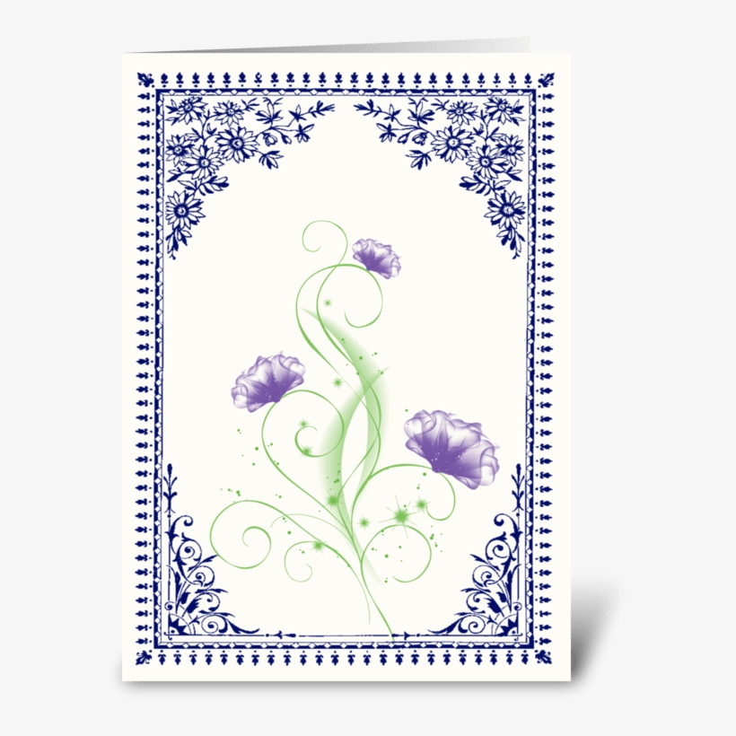 Vintage Purple Flower 2 With Blue Border Greeting Card - Vintage Blue And Yellow Art, transparent png download