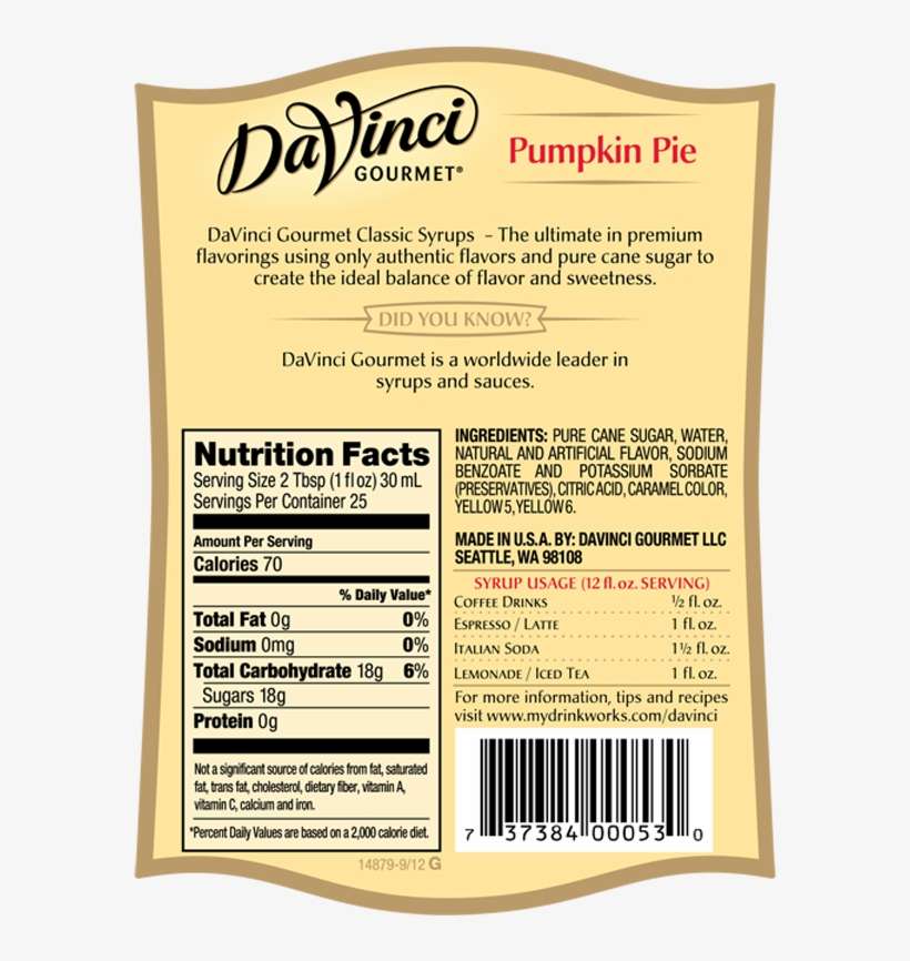 2073738400053 Dvg Classic Pumpkin Pie Spice - Da Vinci Sugar Free French Vanilla Syrup Ingredients, transparent png download