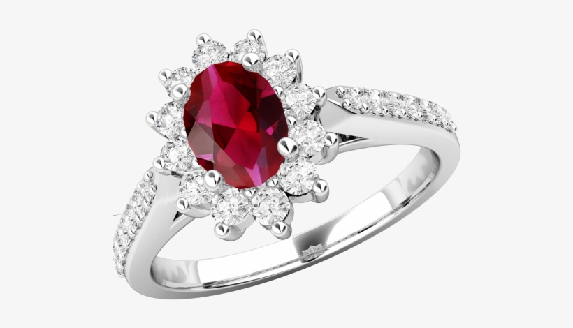 A Classic Ruby & Diamond Cluster Style Ring In 18ct - Ruby White Gold Engagement Ring, transparent png download