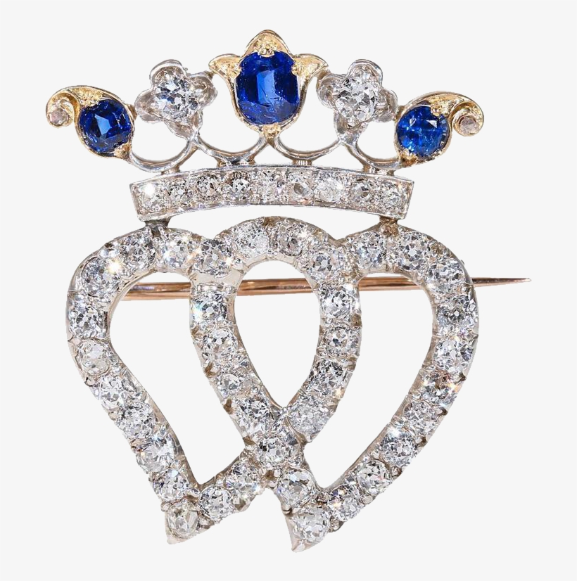 Victorian Double Heart Crown Sapphire Diamond Brooch - Brooch, transparent png download