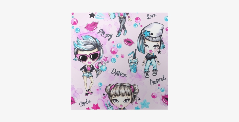 Watercolor Seamless Pattern With Fashion Teenagers - Watercolor Painting, transparent png download