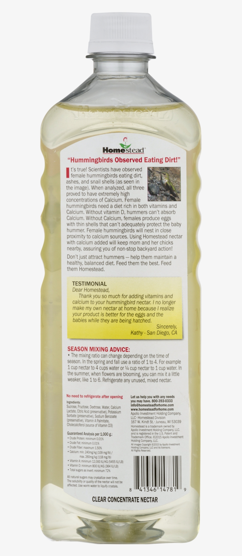 Homestead 20 Oz Hummingbird Clear Liquid Nectar - Plastic Bottle, transparent png download
