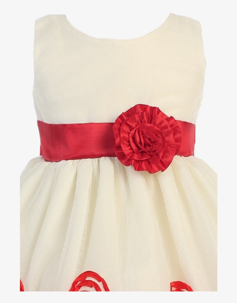 Ivory Tulle & Red Floral Soutache Ribbon Girls Holiday - Dress, transparent png download