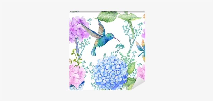 Seamless Pattern Illustration In To Textile Design - Hydrangea And Dragonflies, transparent png download