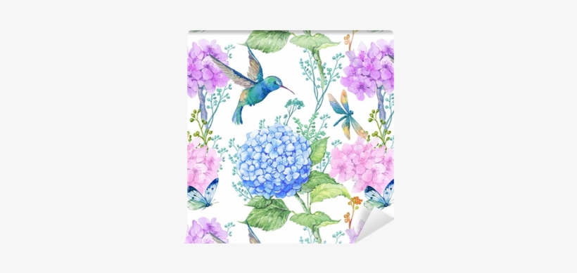 Seamless Pattern Illustration In To Textile Design - Hydrangea And Dragonflies, transparent png download