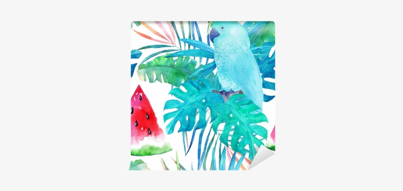 Summer Pattern With Watercolor Parrot, Palm Leaves - Watercolor Painting, transparent png download