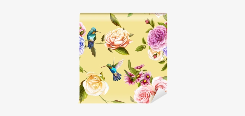 Humming Bird, Roses With Leaves On Yellow - Carta Da Parati Colibrì, transparent png download