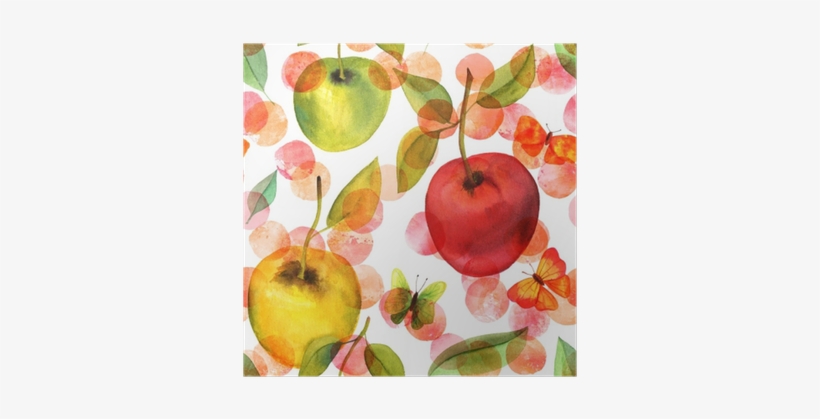 Seamless Pattern With Watercolor Apples And Butterflies - Watercolor Painting, transparent png download