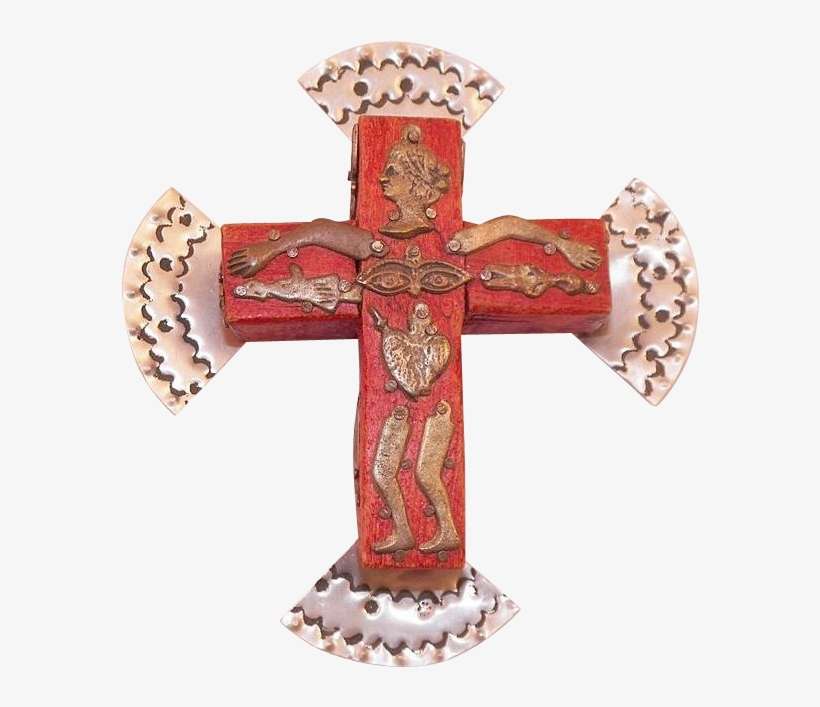 Mexican Folk Art Red Wooden Cross With Milagros Signed - Cross, transparent png download