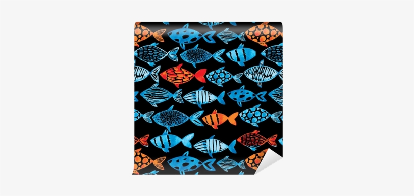Light Watercolor Blue And Gold Fishes On The Black - Watercolor Painting, transparent png download