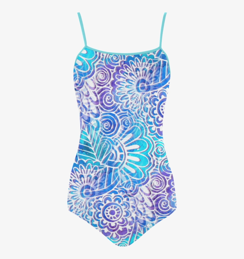Boho Flower Doodle On Blue Watercolor Strap Swimsuit - Flower Doodle On Blue Watercolor Pillow Sham, transparent png download