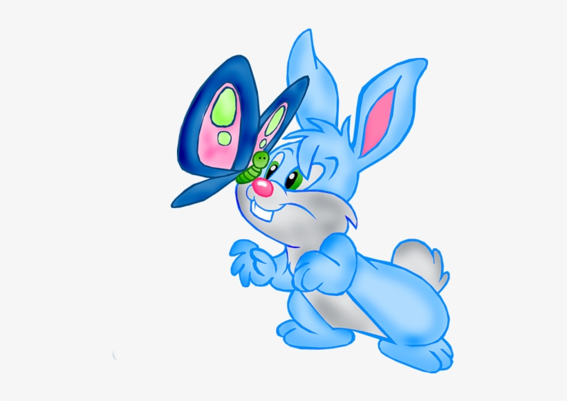 Blue Rabbit With A Butterfly Clip Art - Rabbit And Butterfly Cartoon, transparent png download