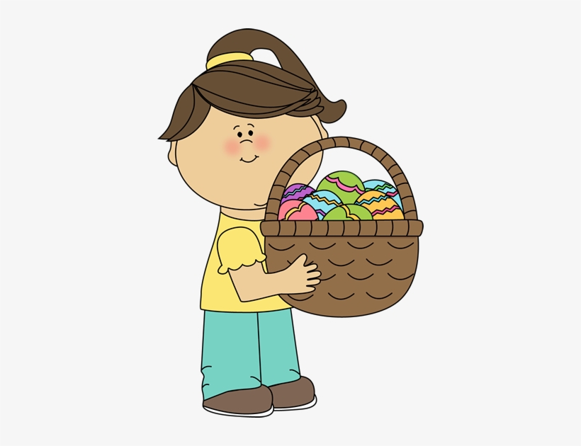 Girl Holding A Big Easter Basket - Girl Holding A Basket Clipart, transparent png download