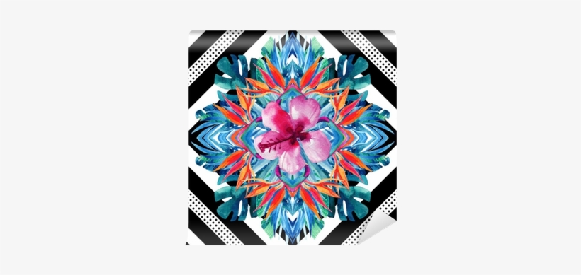 Watercolor Tropical Leaves And Flowers Arrangement - Watercolor Painting, transparent png download