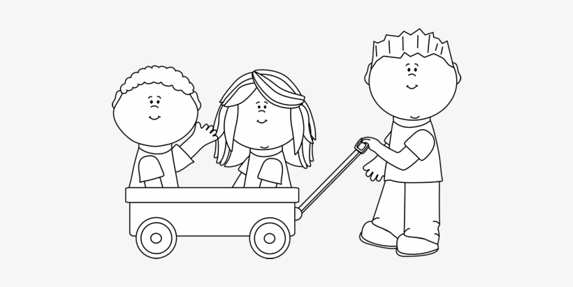 Black And White Kids With Wagon - Children Black And White, transparent png download